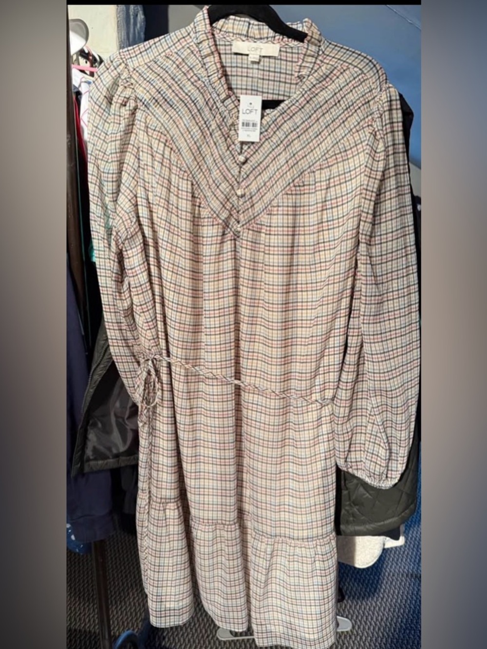 LOFT Neutral Plaid Tiered Button-Front Dress